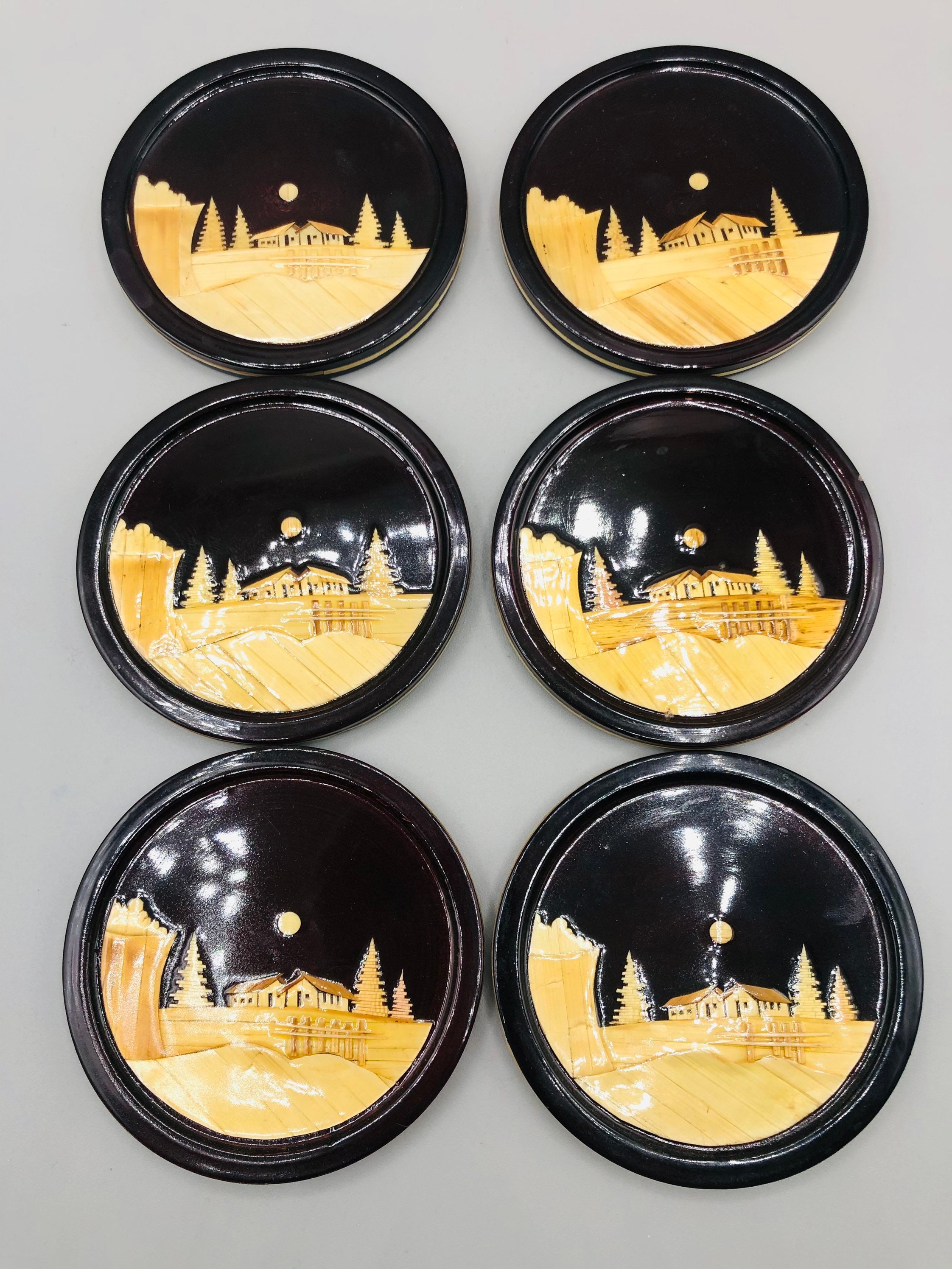 Vintage Wood Lacquer Inlay Coasters Set of 6 in a Holder Etsy