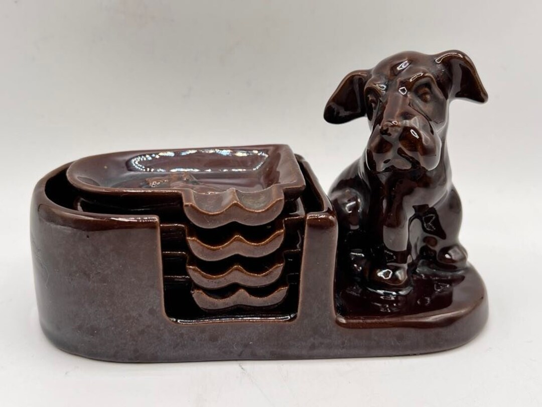 Vintage Occupied Japan Dog Ashtrays, With Holder, Set of 4, Brown
