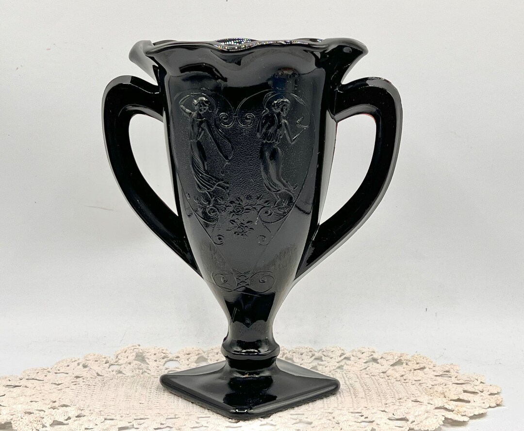 Vintage Black Glass Vase, Dancing Nymphs, Embossed Details, Double Handles, Ruffle Top, Glass