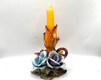 Vintage Hand-Painted Porcelain Rose Candle Holder - Made in Italy
