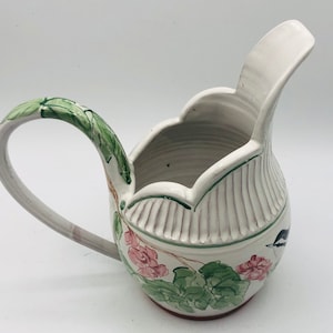 Tudor Water Jug, Signed, Hand Painted Pink Flowers & Bird, Glazed Clay Pottery -  Farmhouse Decor