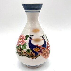 Vintage Kutani Vase, Peacock & Pink Flowers Vase, Decorative Bud Vase, Hand Painted, Fluted Vase, Home Decor, Collectible Vase
