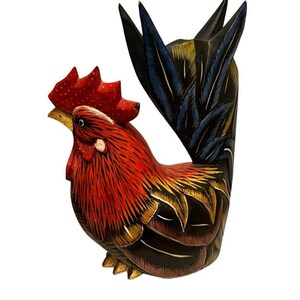 ヴィンテージ 雄鶏、11インチ メキシコ民芸品、手描き 手彫り 木製ロースト、ホームデコレーション、カントリーファームハウス、木製雌鶏または鶏、素朴な