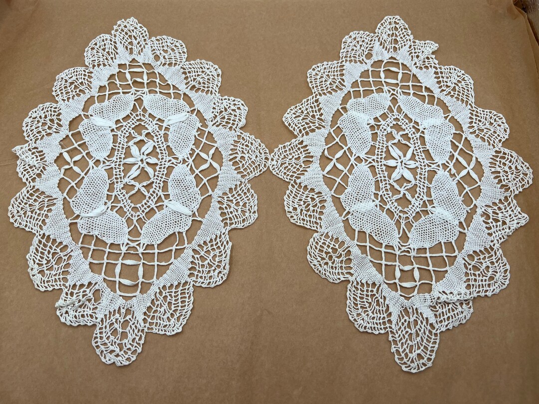 Vintage Crocheted Doilies, Set of Two, Furniture Doilies, Handmade, Oval With Butterfly Motifs