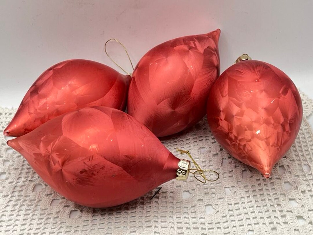 Vintage Glass Christmas Ball Ornament, Set of 4, Pink Feather Look