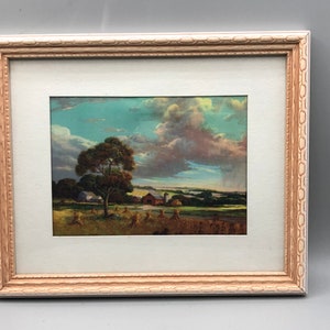 ヴィンテージ リトグラフ Copr C Moss 1947 農場の風景、ギャラリーウォールアート、リトグラフ、壁掛け、ファームハウススタイル、壁装飾