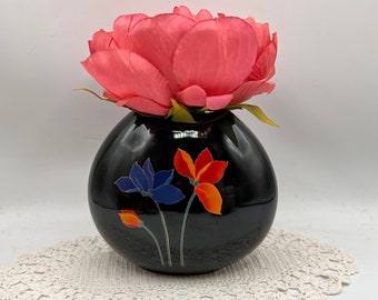 Yamaji Black Flower Vase, Round with Purple and Orange Flowers,  5" Floral Vase, Home Decor, Flower Arrangements, Japanese Porcelain