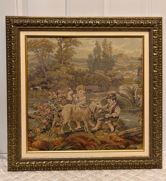 RARE Vintage Tapestry Ornate Gold Gilded Frame Children With Goat Regency Wall Hanging 25 Frame Gallery Wall ART Wall Decor Etsy Canada