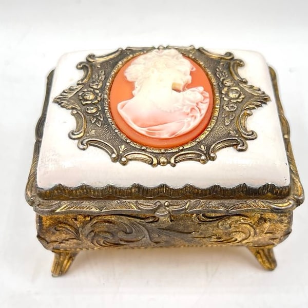 Vintage Cameo Musical Jewelry Box, Gold Metal & Ceramic, Red Velvet, Embossed Details, Boudoir Decor, Gift For Her, Made in Japan #1334 RARE