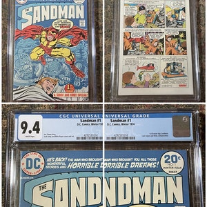 May include: A graded comic book, The Sandman #1, in a clear plastic case. The comic book cover features a red and yellow superhero character with the text "The Sandman" in large, bold letters. The comic book is graded 9.4 by CGC.