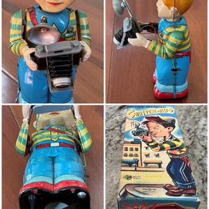 Super Rare, SHUTTER-BUG Photographer, Manufactured in Japan by TN Nomura, Battery Operated, 1950's Tin Toy, with Repro Box, Must See Video Super Rare, SHUTTER-BUG Photographer, Manufactured in Japan by TN Nomura, Battery Operated, 1950's Tin Toy, with Repro Box, Must See Video
