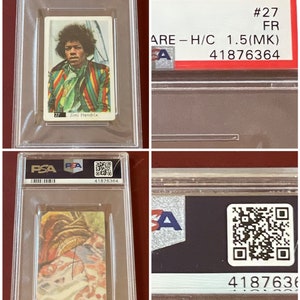 Raro, vintage, altamente coleccionable, 1968 Estrellas y superhéroes del pop de goma holandés / sueco JIMI HENDRIX Trading Card #27 PSA Clasificado 1.5 (mk) fr