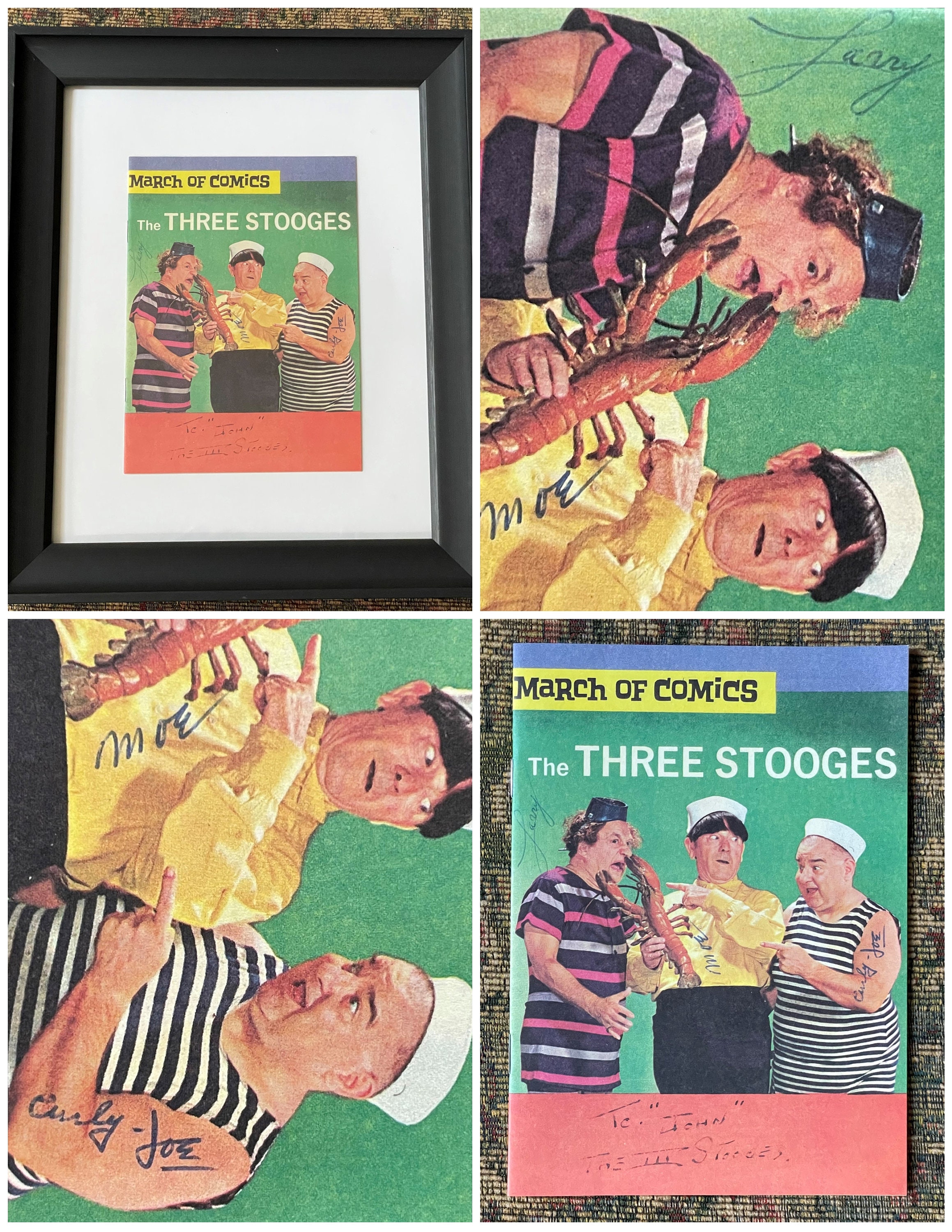 Rare, The Three Stooges, March of Comics 1967 Framed Comic Book SIGNED by The 3 Stooges - Moe (Howard), Larry (Fine) & Curly Joe (DeRita)