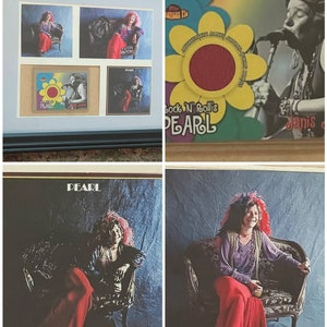 Gerahmtes Janis Joplin Display mit Topps 2001 Worn Dress Relic Karte American Pie Rock 'N' Roll's Pearl und Janis Joplin Perlenfotografien