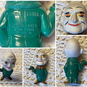 Niezwykle rzadka figurka UNCLE FESTER Remco Filmways TV, wyprodukowana w 1964 r., duża głowa, około 4 1/2 cala wysokości, obejrzyj nasz film!