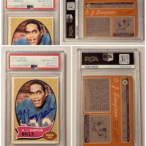 Super rare O.J. Signé SIMPSON, double carte Topps Rookie Card PSA/dna 1970, Grade 10 sur la signature d'OJ et noté 8 sur O.J. Valeur de la carte !