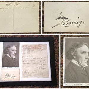 Vintage, ungewöhnliche, gerahmte, signierte Karte, Sir Henry Irving signierte Karte, Bram Stoker's (Dracula) Business Mgr., Chas. Howson Brief signiert !