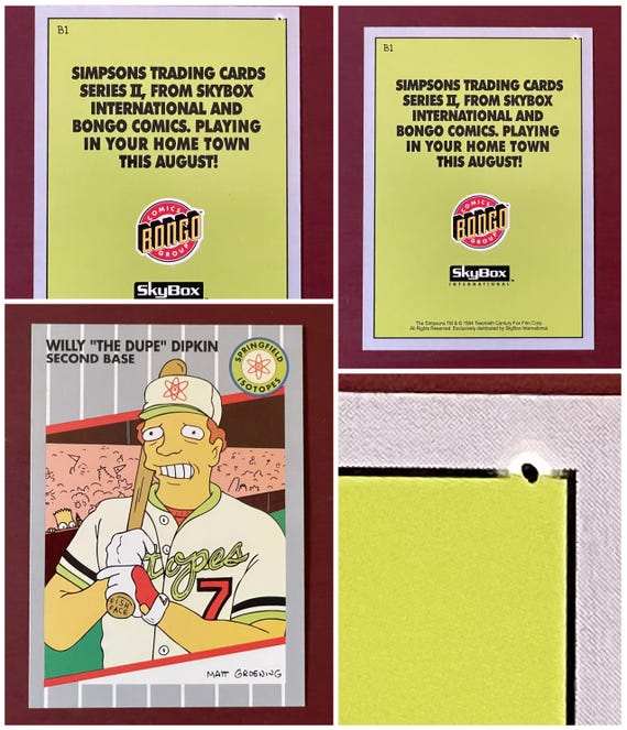 rare simpsons trading cards Super Rare, the Simpsons Series 2 Number B1 Willie the Dupe Dipkin ERROR  Card on Border Reverse Side Near Mint to Mint Condition Must See!