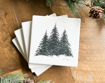 Three Pines Coaster Set | Coaster Set of 4 | Nature Lover Gifts | Tree Coasters | Forest Coasters | Pine Tree Coasters | Christmas Trees |