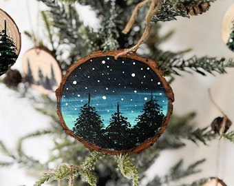 Starry Night Sky With Trees Hand Painted Wood Slice Ornament - Etsy