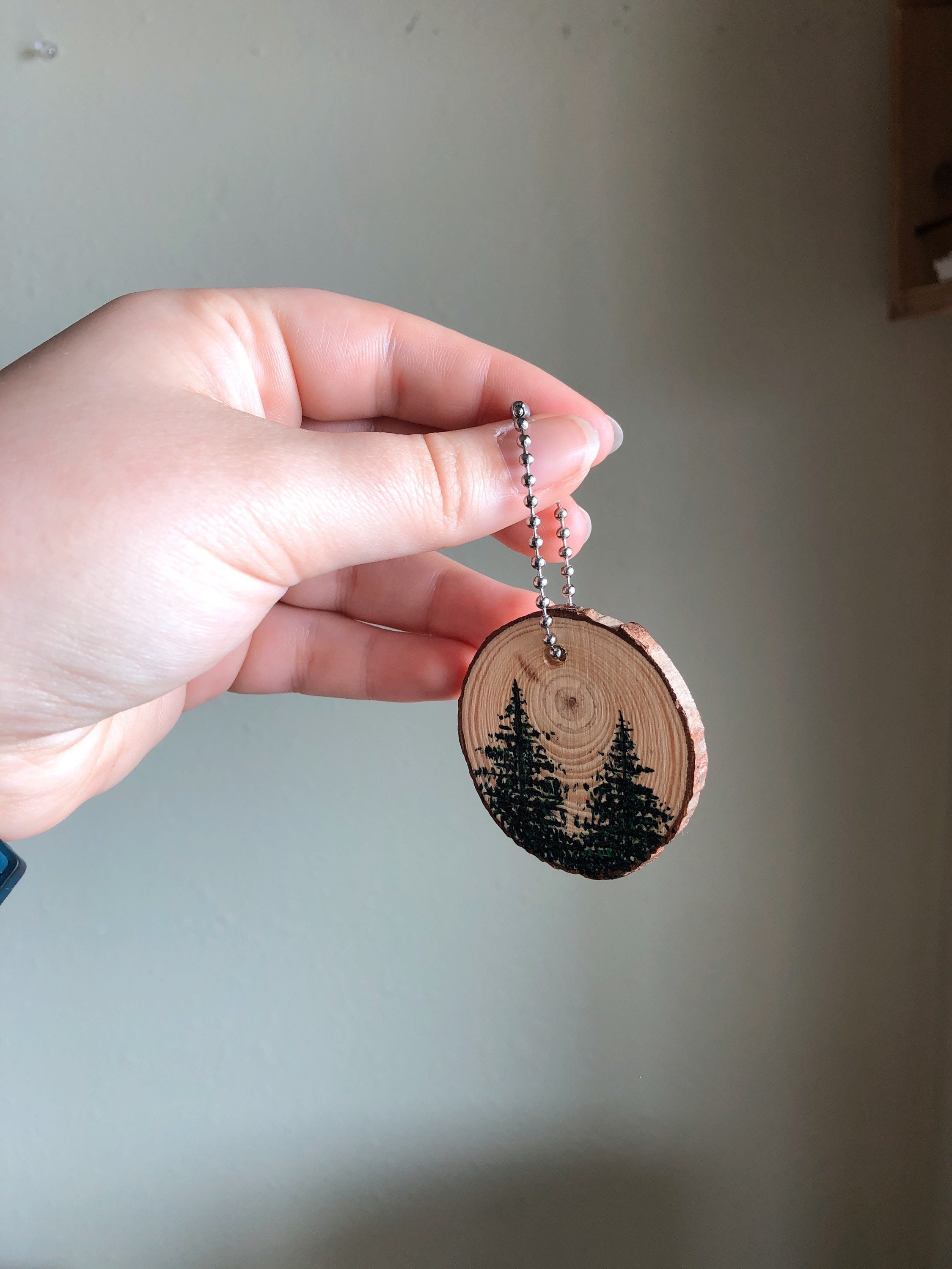 Wooden Pine Tree Keychain Rustic Keychain Wood Slice Art Etsy