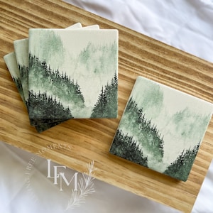 Moody Forest Coaster Set | Coaster Set of 4 | Nature Lover Gifts | Tree Coasters | Forest Coasters | Watercolor Coasters |Coffee Table Decor