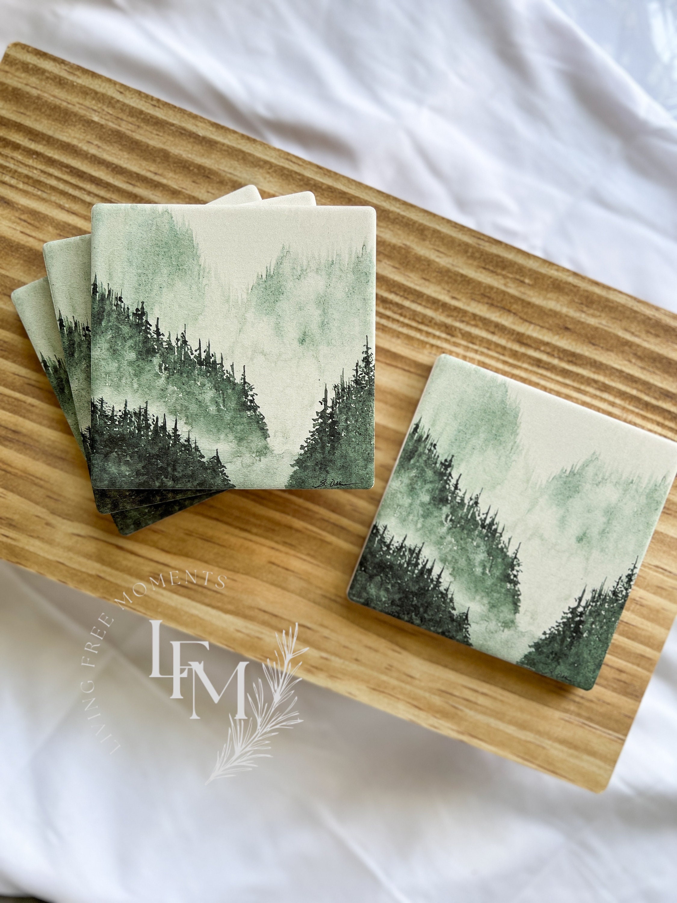 Moody Forest Coaster Set | Coaster Set of 4 | Nature Lover Gifts | Tree Coasters | Forest Coasters | Watercolor Coasters |Coffee Table Decor