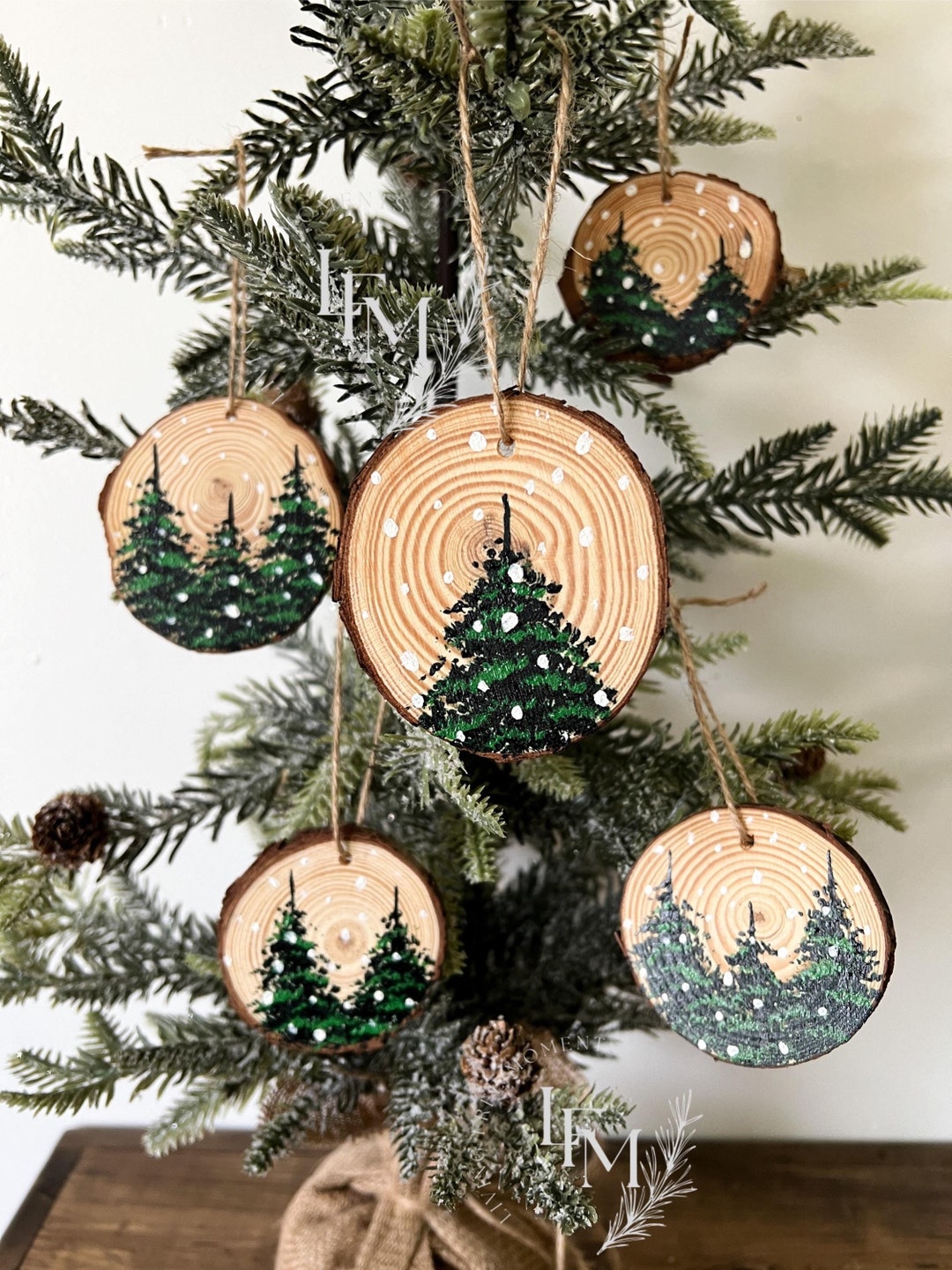 Hand-painted Pine Tree Wood Slice Ornament Set: Rustic Christmas Decor ...