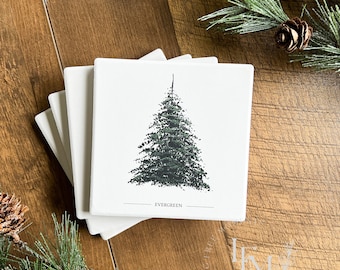 Single Pine Tree Coasters | Ceramic Coasters | Coaster Set of 4 | Tree Coasters | Christmas Tree | Forest Coasters | Christmas Tree Gifts |