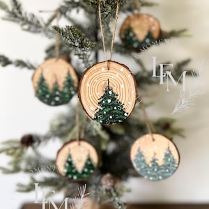 Hand-painted Pine Tree Wood Slice Ornament Set: Rustic Christmas Decor ...