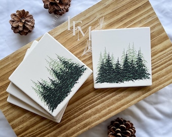 Green Forest Coaster Set | Coaster Set of 4 | Nature Lover Gifts | Tree Coasters | Forest Coasters | Coffee Table | Living Room Decor |