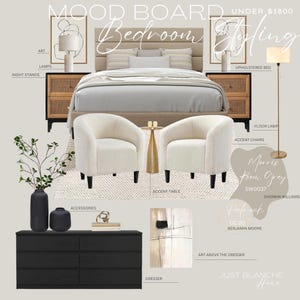 Tablero de inspiración para dormitorio prediseñado: servicio de diseño electrónico con selección de muebles y accesorios