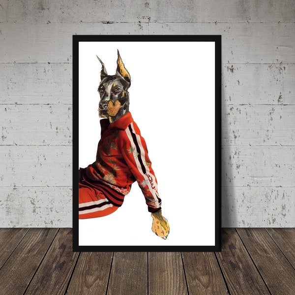 Doberman In Fashion Tracksuit Fine Art Embossed Giclée Print - Dog / Pet / Animal Wall Gift / Present - By Artist Nicola Wines