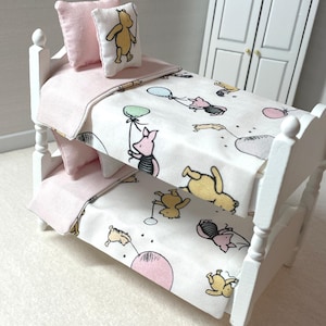 Dolls House Bunk Bedding Set, Miniature Teddy Bear Print, 1:12 Scale