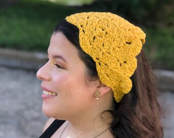 Pañuelo de ganchillo hecho a mano, pañuelo para el cabello Cottage Core, pañuelo para el cabello de ganchillo, regalos para mujeres, moda estilo años 70, velo de protección energética,