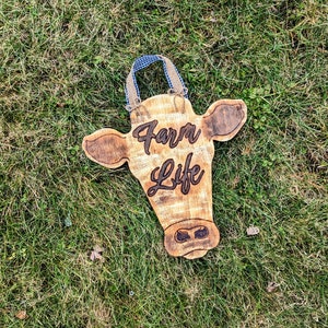 Personalized COW HEAD rustic dark woodburned wall sign. Personalized verse/phrase. Personalized name and date.