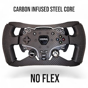 May include: A black racing wheel with the text "CARBON INFUSED STEEL CORE" and "NO FLEX". The wheel has multiple buttons, a directional pad, and the Xbox logo. The wheel is made of carbon fibre and steel.