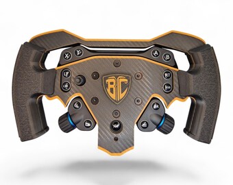 May include: A carbon fiber racing steering wheel controller featuring orange trim, black textured grips, and a central shield logo with the letters BC. The device includes various buttons labeled A, B, X, Y, LT, RT, LSB, RSB, and GL, plus two blue dials.