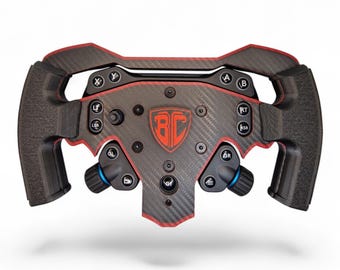 May include: A black carbon fiber racing steering wheel controller featuring red trim, textured grips, and a central shield logo with the letters BC. The device includes multiple buttons labeled X, Y, A, B, LT, RT, LSB, RSB, GL, GR, and G1.