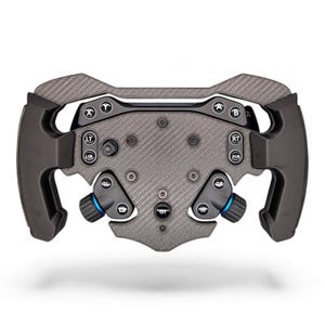 May include: A black carbon fiber racing steering wheel controller featuring a central plate with multiple buttons labeled A, B, X, Y, LT, RT, LSB, RSB, GL, GR, and GT. The device includes ergonomic side grips and integrated rotary dials with blue accents.