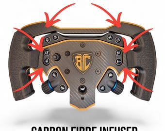 May include: A black carbon fiber infused racing steering wheel controller with orange accents. The device features buttons labeled X, Y, A, B, LT, RT, LSB, RSB, GL, GR, and G1, with a central shield logo displaying the letters BC. Text reads STEEL REINFORCED and CARBON FIBRE INFUSED.