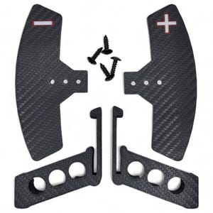 May include: A set of black carbon fiber paddle shifters with a textured surface, a red minus sign, and a red plus sign. Includes black screws and two black mounting brackets. Automotive accessory.