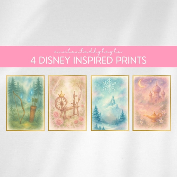 Disney-Inspired Watercolor Prints (Set of 4): Fairytale Bedroom Decor (Digital Download)