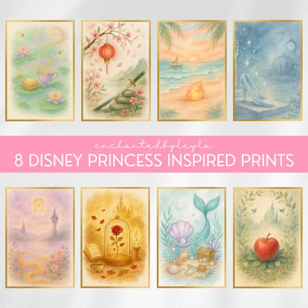 Princess Watercolor Art Prints (Set of 8) - Fairytale Bedroom Decor (Digital Download)