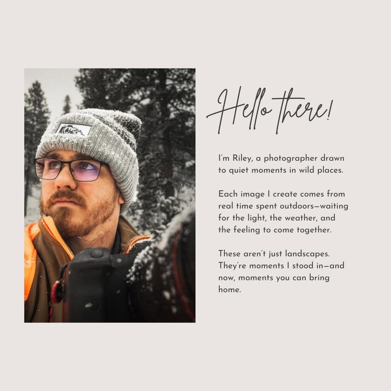 May include: A man wearing a grey beanie and glasses, holding a camera in a snowy outdoor setting. The image includes text that reads "Hello there!" and describes the photographer's work and inspiration.