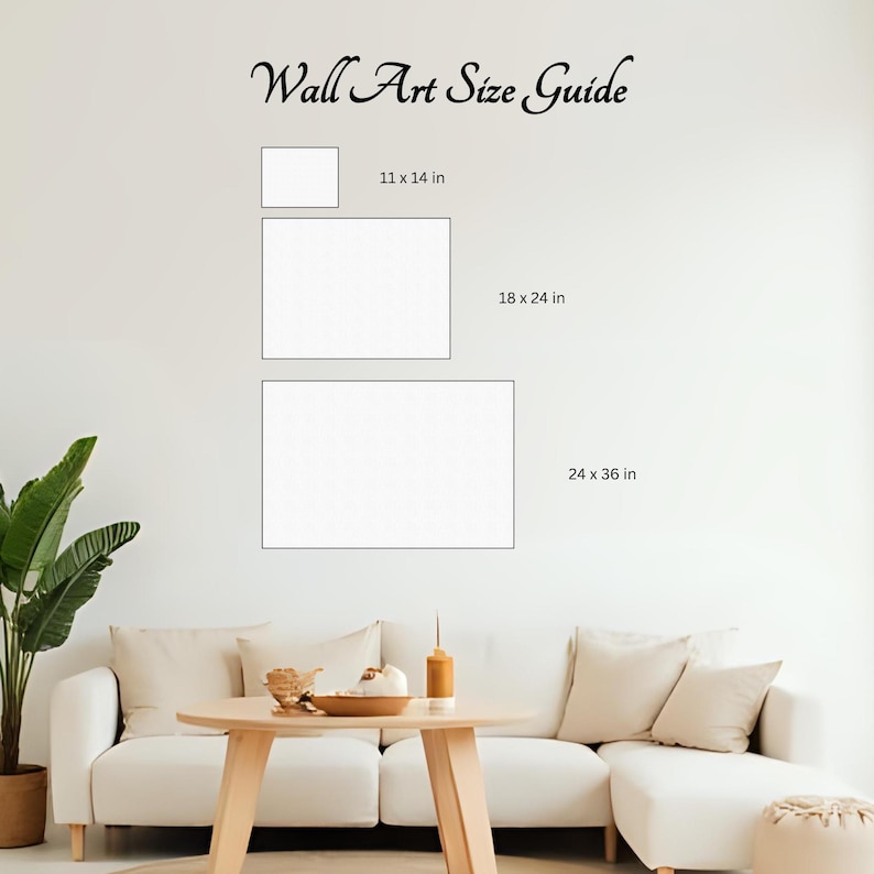May include: A wall art size guide shows three rectangular canvas sizes: 28 x 36 cm, 46 x 61 cm, and 61 x 91 cm. The text "Wall Art Size Guide" is written in cursive at the top. The image is set against a white wall.
