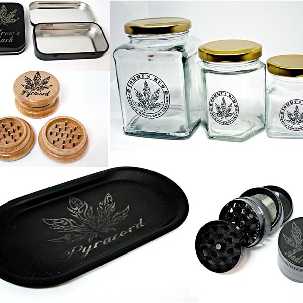 Custom Smokers Gift Set - Personalised Stash Jar / Tin / Grinder / Tray - Laser Etched Engraved 420 Cannabis Marijuana Weed Leaf Smokers Kit