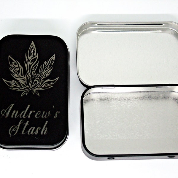 Personalised Tobacco Tin - Custom Metal 420 Cannabis Marijuana Weed Leaf - Laser Etched Engraved Black Stainless Steel