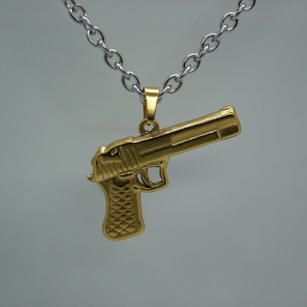 Collier pendentif pistolet - Pistolet en or - Pendentif en acier inoxydable doré avec chaîne en acier inoxydable - Or ou argent