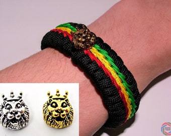 Rasta Lion Bracelet LION OF JUDAH Gold or Silver Handmade Paracord Rasta Bracelet / Bob Marley Reggae - Metal or Plastic Buckle